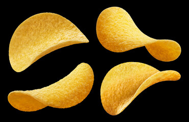 Delicious potato chips collection, isolated on black background