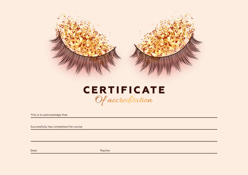 Diploma eyelash extensions. Makeup certificate template. Beauty school or refresher courses for beautician. Vector illustration