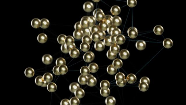 3D abstract animation with golden spheres connected on black background