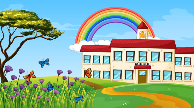 Nature landscape scene with school building and rainbow in the sky