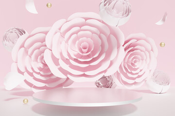 3d render of beautiful flying flowers with a pastel pink podium
