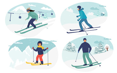 set of Winter activities. Vector illustration of happy cartoon skiers people in winter landscape. Isolated on white. man, woman child skiing. flat collaction