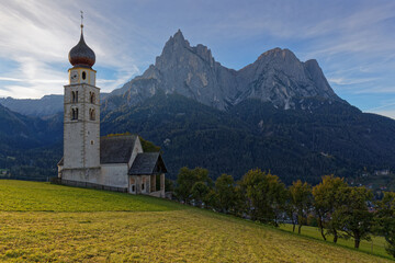 San Valentino church in Alpe di Suisi village, Dolomites mountains, Trentino Alto Adige, Italy