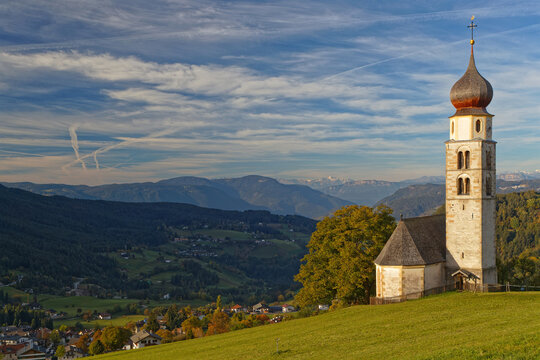 San Valentino church in Alpe di Suisi village, Dolomites mountains, Trentino Alto Adige, Italy