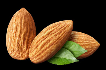 Almonds, isolated on black background