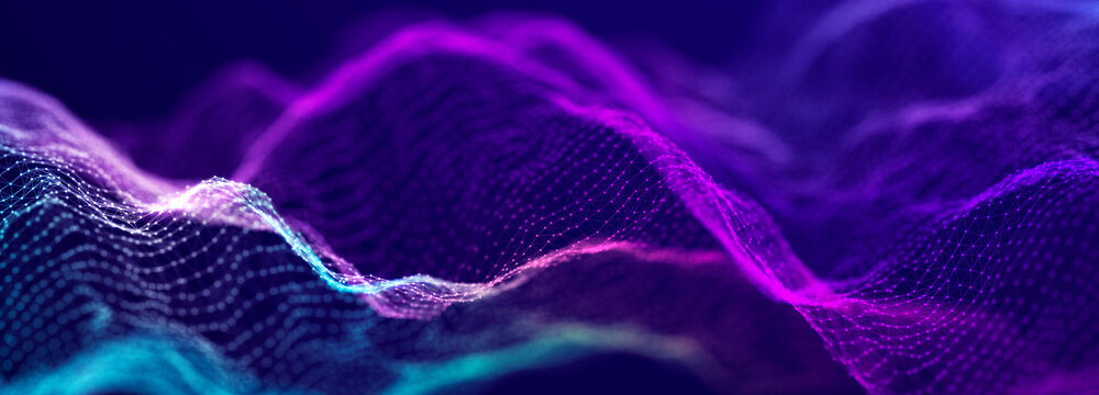 Futuristic dots pattern on dark background. Colored music wave. Big data. Technology or Science Banner. 3D rendering