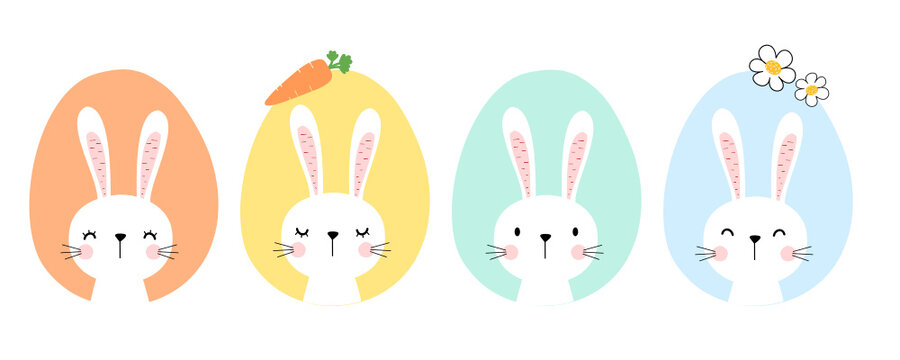 Rabbit cartoons with Easter eggs, carrot and daisy flower icons isolated on white background vector illustration.
