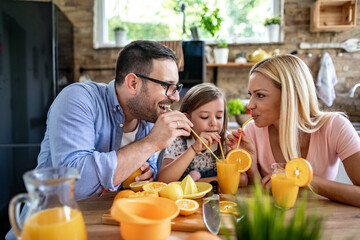 Family making juice in their kitchen