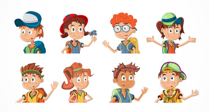 Bundle of cartoon children portraits. Collection of kids avatars with different hairstyle and skin colors. Child expression faces little boys and girls illustration
