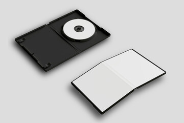 Dvd or cd disc cover case mockup. Template with plastic box and disc with white isolated free space for design. Mock up with black package for compact or dvd disc. 3d rendering.