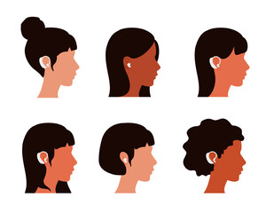 Girls avatars with hearing aid devices on their ears. Side view, a person's profile. A woman with hearing issues. Vector flat illustration.