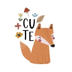 Cute. Cartoon fox, hand drawing lettering, decor elements. Forest. colorful vector illustration for kids, flat style. baby design for cards, print, posters, logo, cover