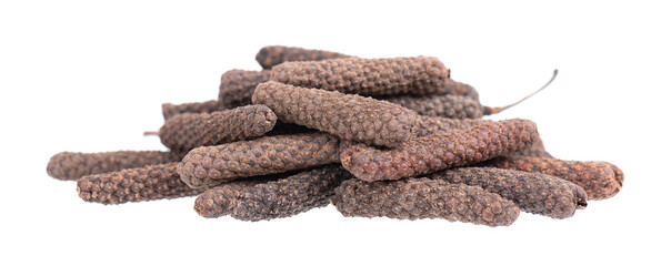 Long pepper isolated on white background. Heap of pippali or piper longum.