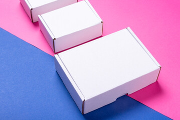 Set, lot of white cardboard box on color background, top view