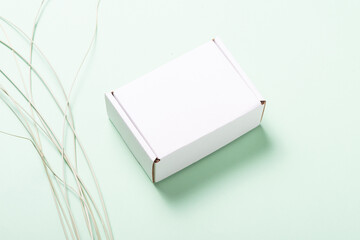 White cardboard box decorated with grass leaf