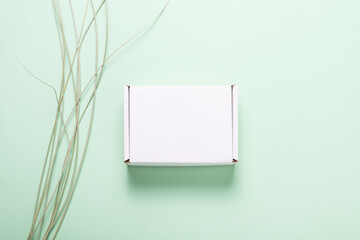 White cardboard box decorated with grass leaf
