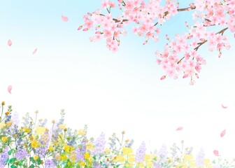Obraz na płótnie Canvas 美しく華やかな桜の花と花びら舞い散る春の爽やか青空フレーム背景ベクター素材イラスト