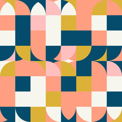 Mid-century geometric abstract vector seamless pattern with simple shapes and retro color palette. Simple composition for web design, branding, invitations, posters, textile and wallpaper.