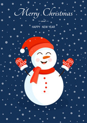 Snowman in a hat, mittens in the snow for postcards, posters, banners. Illustration of Merry Christmas and New Year.