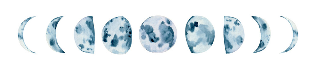 Watercolor hand drawn astronomy moon phases illustration isolated on white background