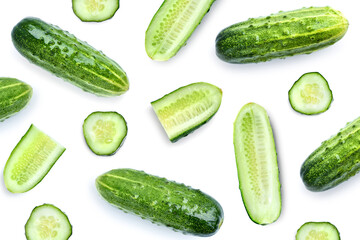 Cucumber set isolated on white background. Top view. Flat lay pattern