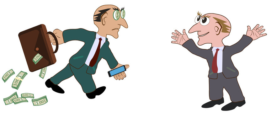 Briber or corrupt bureaucrat in a suit. A businessman with a smartphone and a leather briefcase carries a bribe to an official. Vector illustration.