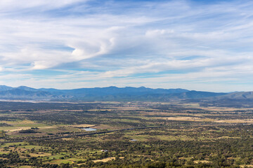 Aerial drone view landscape of Valle del Jerte and northern plateau of Cáceres, Extremadura,...