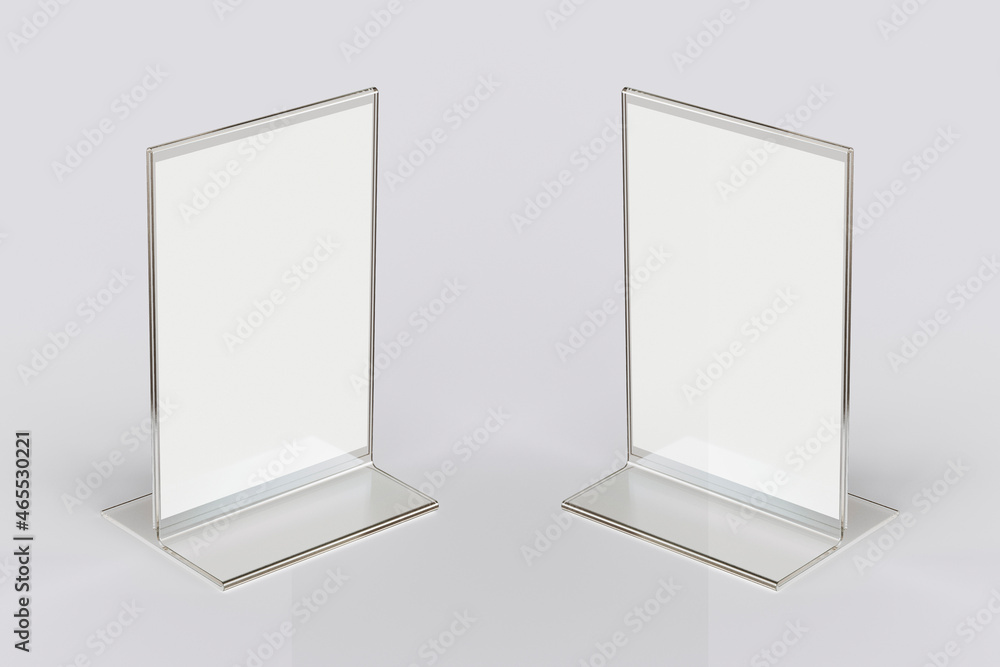 Poster empty blank transparent flyer stand mock up isolated on a grey background. 3d rendering.