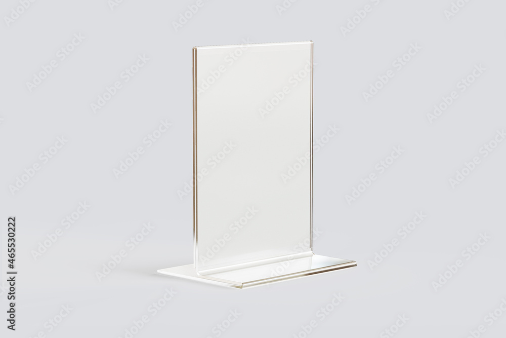 Aufkleber empty blank transparent flyer stand mock up isolated on a grey background. 3d rendering.