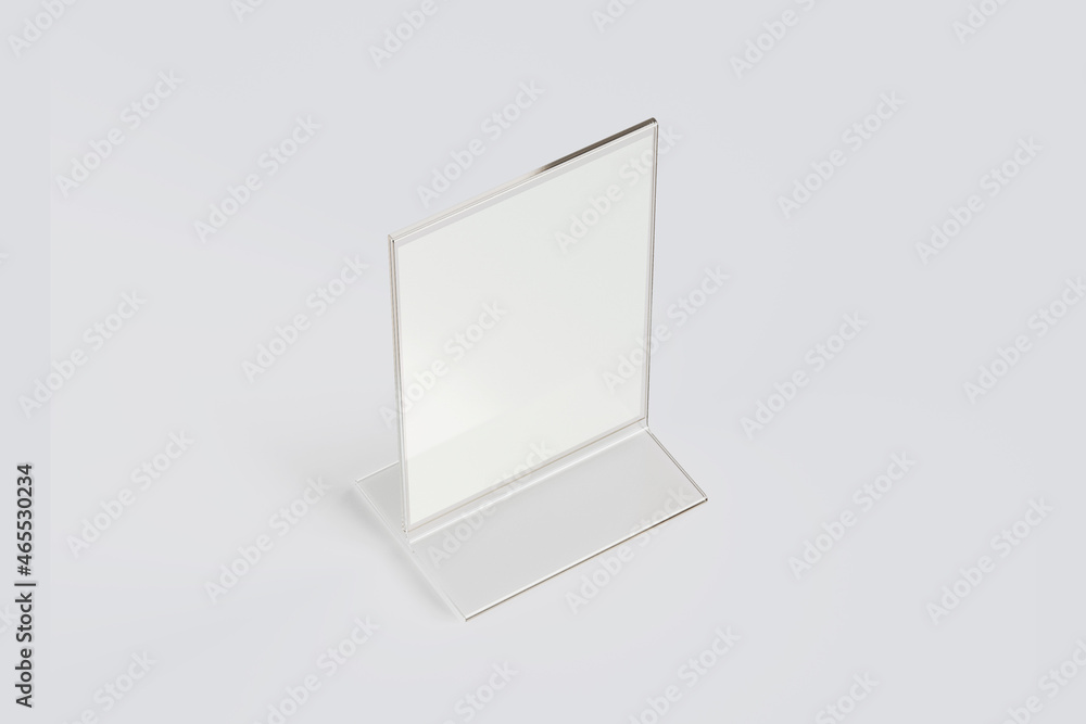 Poster empty blank transparent flyer stand mock up isolated on a grey background. 3d rendering.