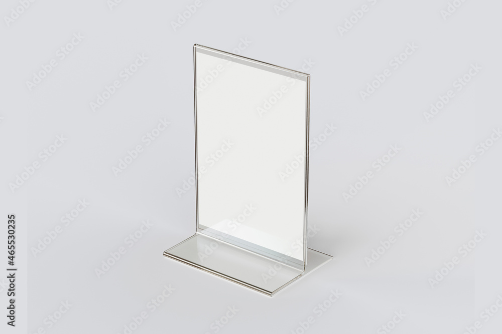 Wall mural Empty blank transparent flyer stand Mock up isolated on a grey background. 3d rendering.