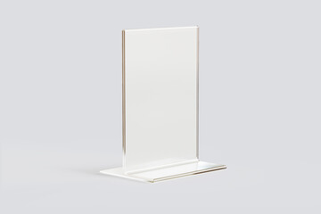 Empty blank transparent flyer stand Mock up isolated on a grey background. 3d rendering.