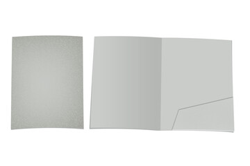 Cardboard folder mockup with letterheads inside, open and front view, isolated on white background. 3D rendering, realistic stationery template, office branding, business document presentation.