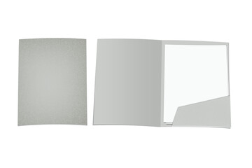 Empty blank cardboard paper open folder with letterheads inside. Front cover and opened with paper inside. Mock up isolated on a white background. 3d rendering.