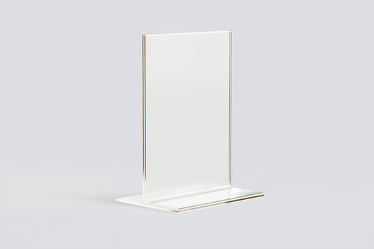 Empty blank transparent flyer stand Mock up isolated on a grey background. 3d rendering.