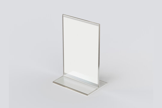 Empty blank transparent flyer stand Mock up isolated on a grey background. 3d rendering.
