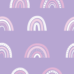 Seamless pattern with boho rainbows on purple background. Hand drawn abstract baby rainbow's. Vector illustration for wallpaper, fabric and wrapping paper.