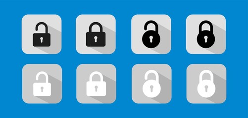 Collection of close and open lock icon. Locks icons set in white and black color. Lock and unlock simbol. Lock web icon set.
