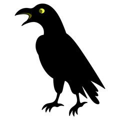 Crow. Silhouette. A mystical black bird with luminous eyes croaks loudly. Vector illustration. Isolated white background. Halloween symbol. Messenger of the underworld. Scavenger bird.