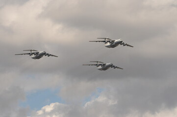 IL-76MD military transport planes over Moscow's Red Square during the dress rehearsal of the Victory Day air parade