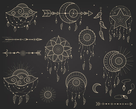 Mystic vector items, moon, hands, crystals, planets. Doodle astrology style. Doodle esoteric, boho mystical hand drawn elements.