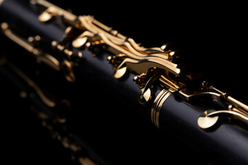 Part of a clarinet with gold plated keys on a black background. A woodwind instrument common to...