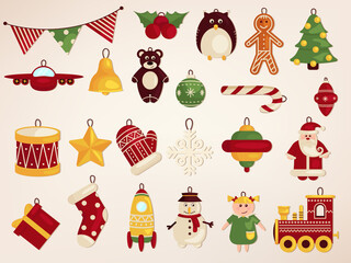 Christmas decorative toys with Santa Claus, nutcracker, locomotive, girls, gingerbread and gift boxes. Big Christmas collection in vintage style with traditional Christmas and New Year elements