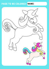 Page to be colored. Look and color. Coloring Book Animal.  little cute magical unicorn. Funny Coloring Book . Illustration and vector outline - A4 paper ready to print. 