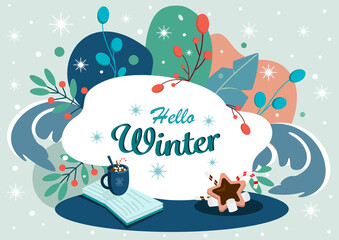 Colorful winter background with snowflakes, a cup of cocoa or coffee, sweets and a book. Hello winter concept. Vector illustration.