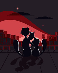 Lovers of a cat and kitty on the roof of the house meet the dawn. Vector illustration.
