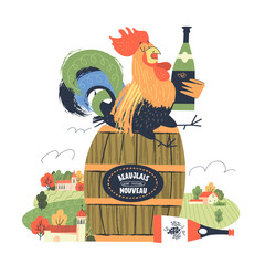 Wine festival. Vector illustration. A rooster with a bottle of wine sits on a wine barrel. - 465532674