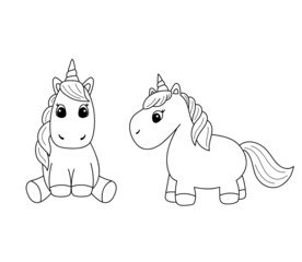 Fantasy outline illustration with cute baby unicorn for coloring page. Vector little unicorns isolated on white background.
