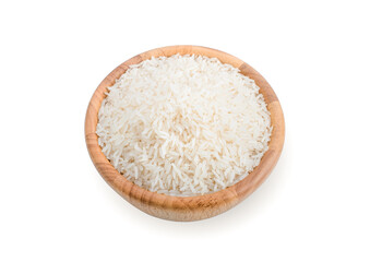 Fototapeta na wymiar white rice (Thai Jasmine rice) in wooden bowl on white background.