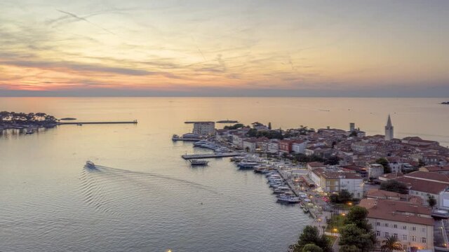 Drone time-lapse video of sunset over Croatian coastal town Porec